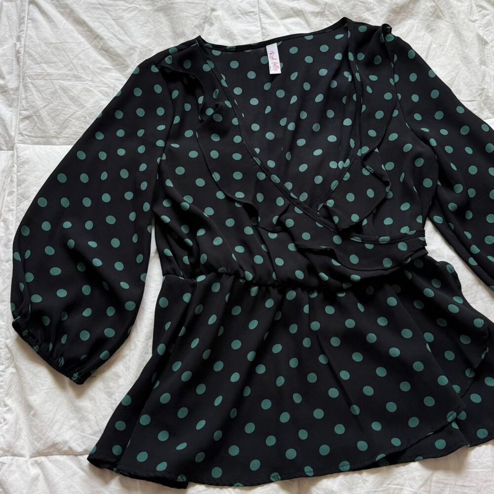Red Lolly black Peplum ruffle‎ flowy polka dot top sz m cottagecore quiet luxury